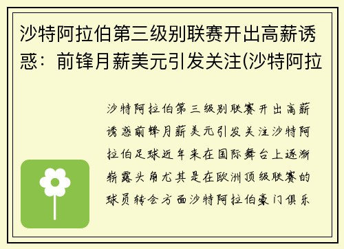 沙特阿拉伯第三级别联赛开出高薪诱惑：前锋月薪美元引发关注(沙特阿拉伯等级制度)