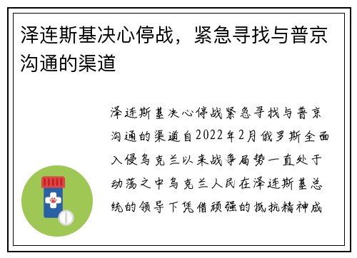 泽连斯基决心停战，紧急寻找与普京沟通的渠道