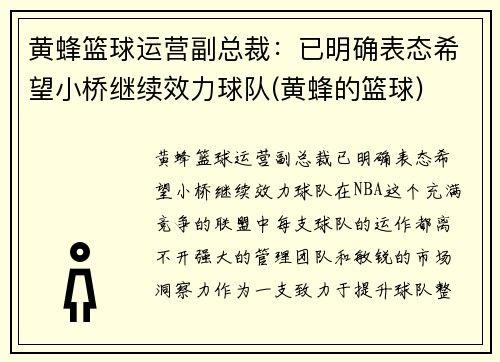 黄蜂篮球运营副总裁：已明确表态希望小桥继续效力球队(黄蜂的篮球)