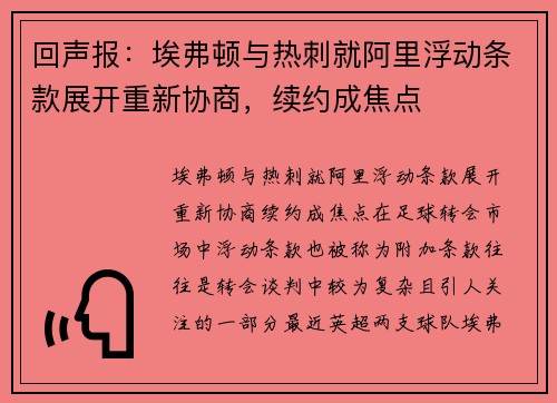 回声报：埃弗顿与热刺就阿里浮动条款展开重新协商，续约成焦点